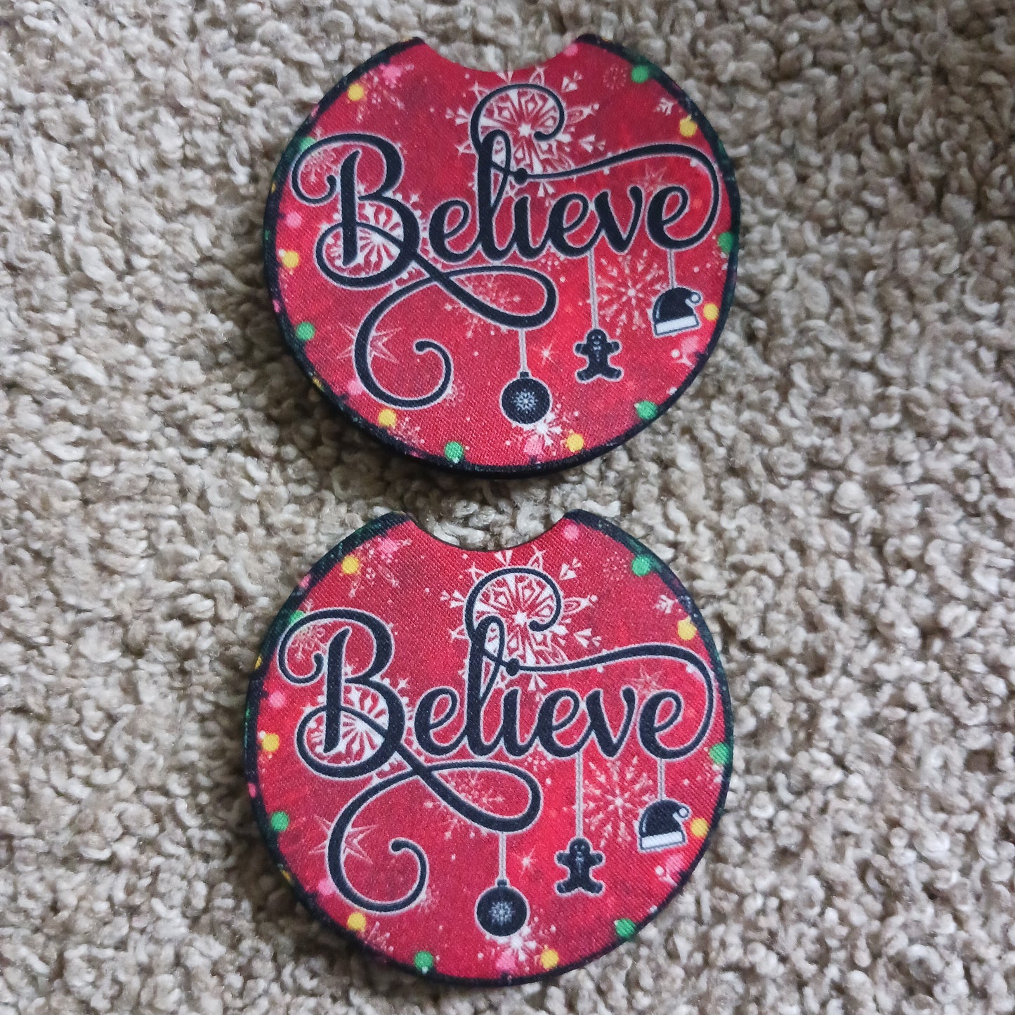 Believe holiday car coasters