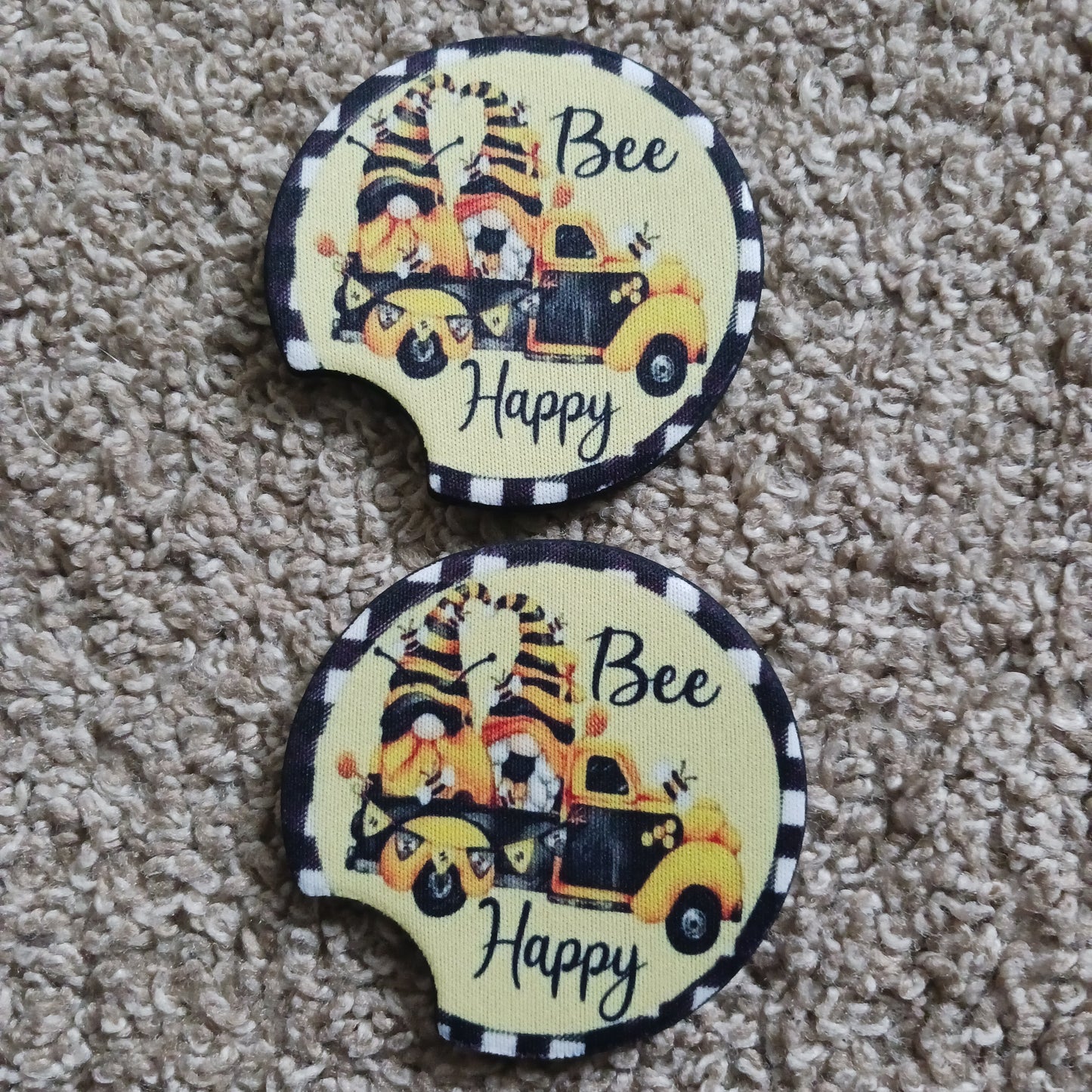 Bee happy gnome car coasters