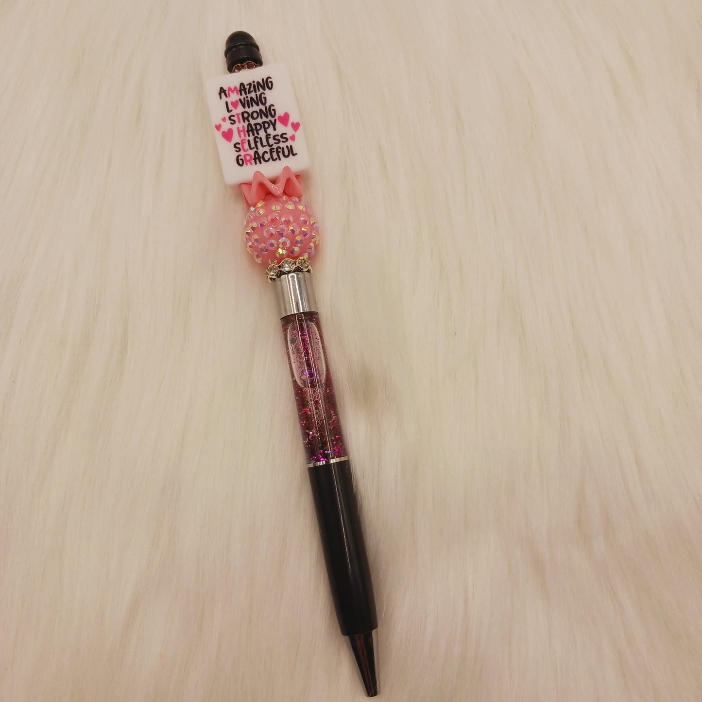 Mother beaded pink glitter snowglobe pen