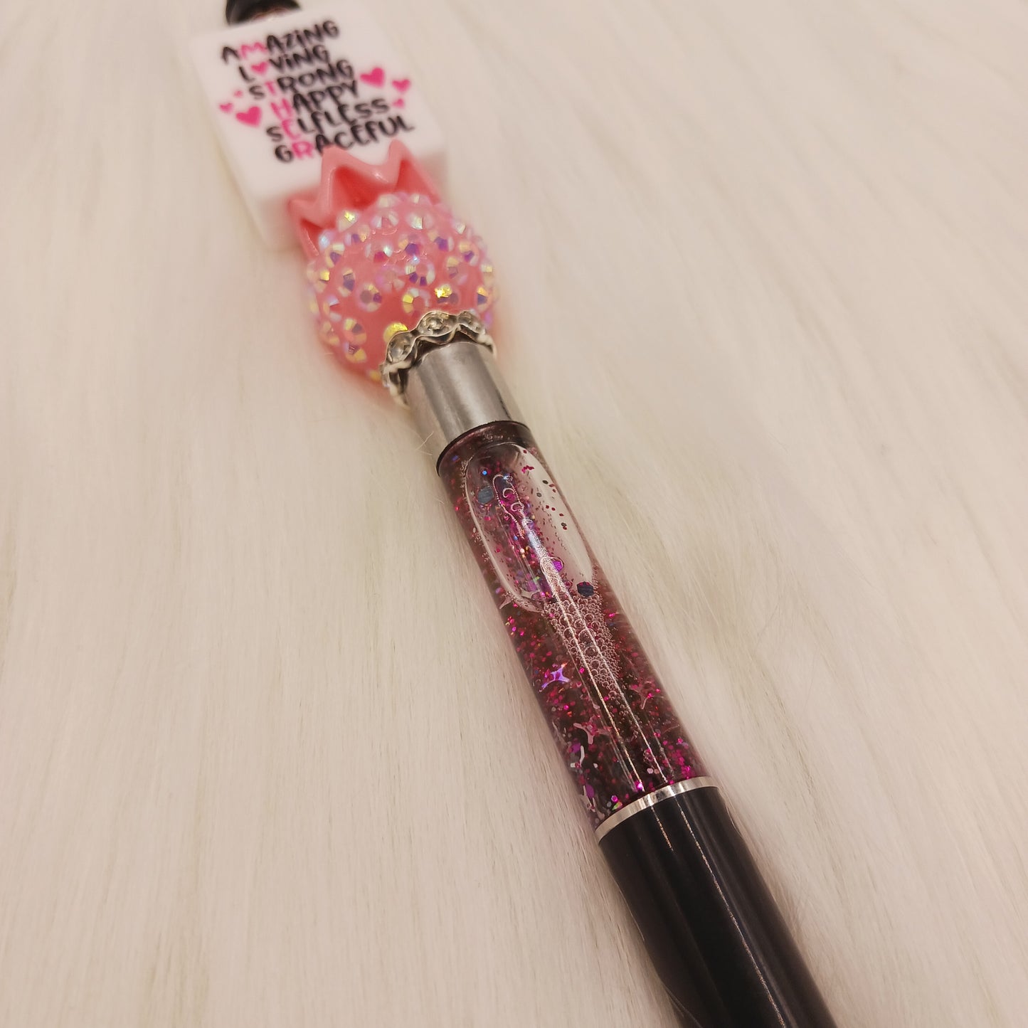 Mother beaded pink glitter snowglobe pen