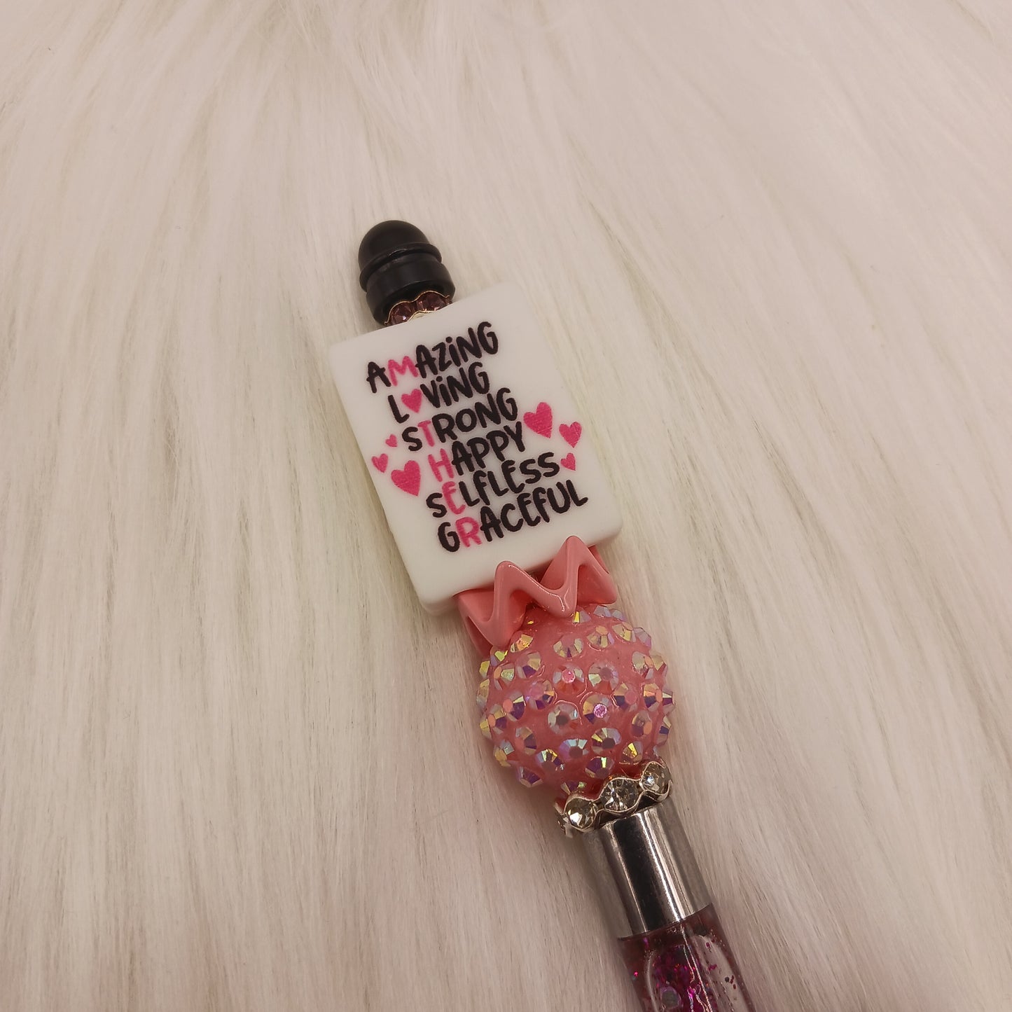 Mother beaded pink glitter snowglobe pen