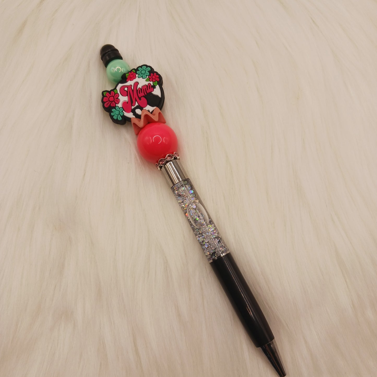 Mama beaded silver glitter snowglobe pen