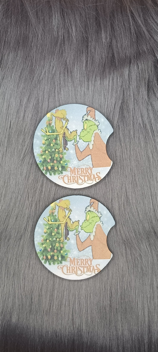 Merry Christmas green guy car coasters