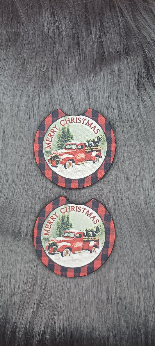 Red truck plaid Christmas car coasters