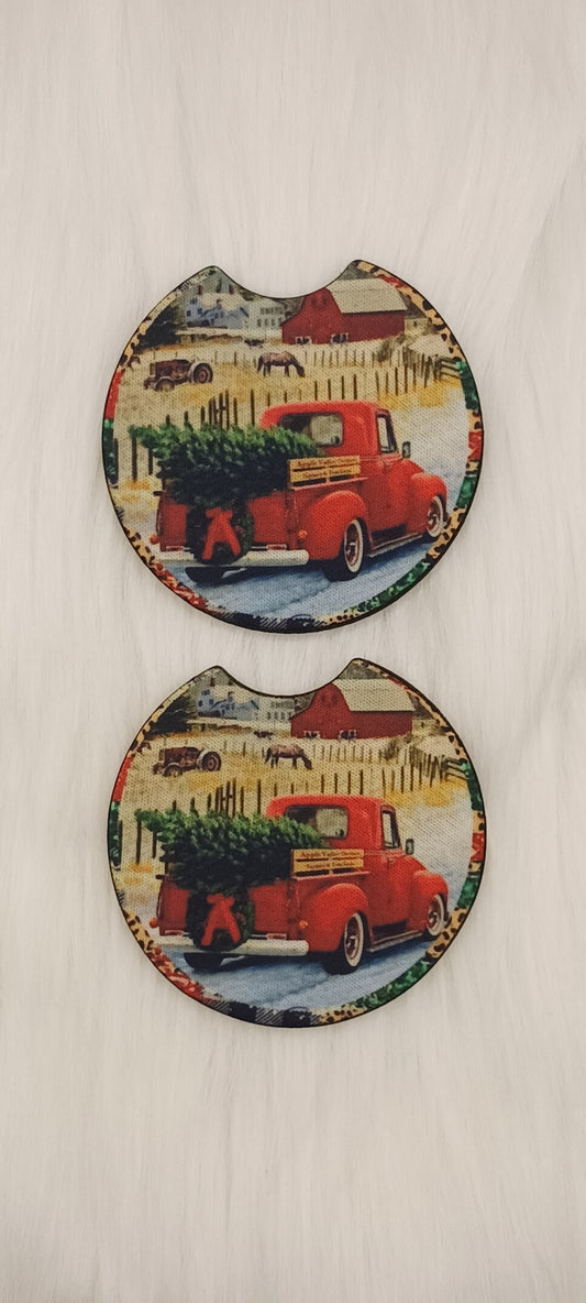 Red truck Christmas tree car coasters