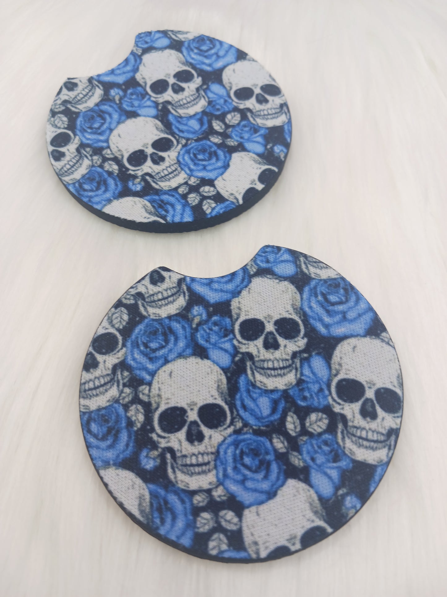 Blue flower skull car coasters