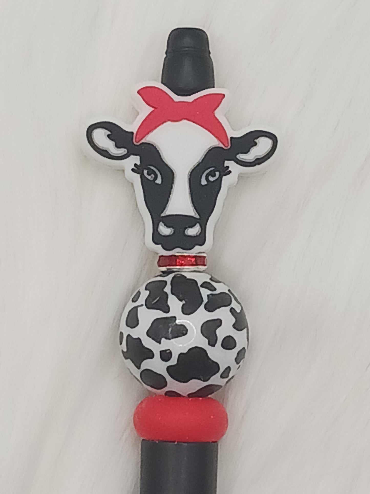 Red bow cow print beaded pen