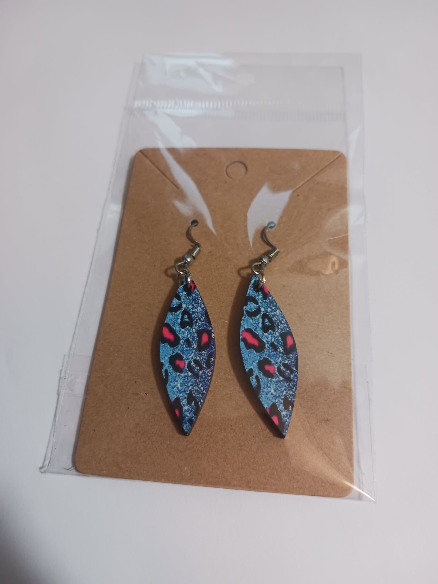 Blue with pink print skinny ellipse earrings