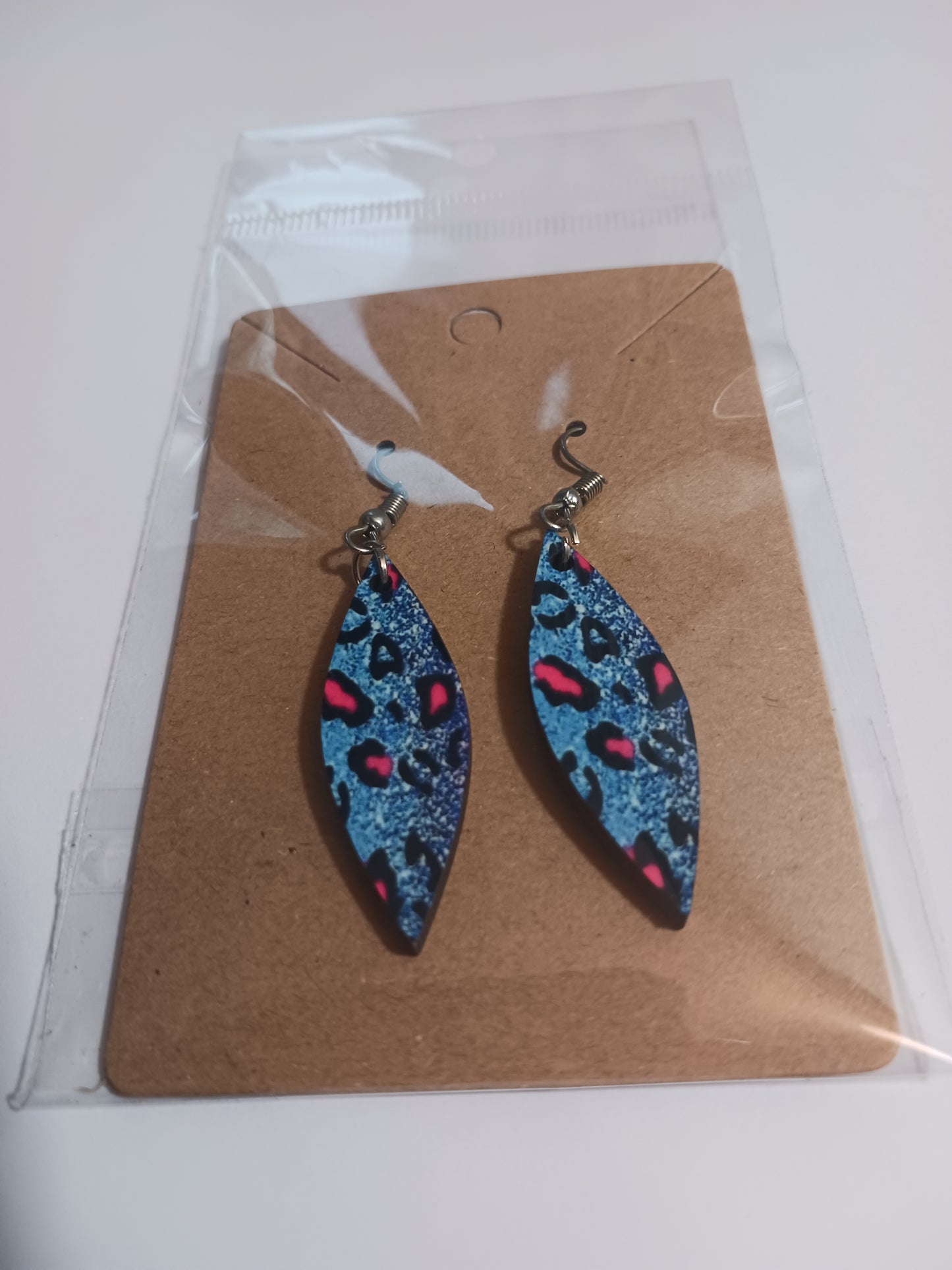 Blue with pink print skinny ellipse earrings