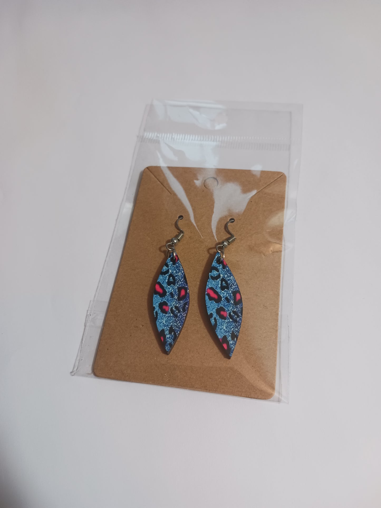 Blue with pink print skinny ellipse earrings