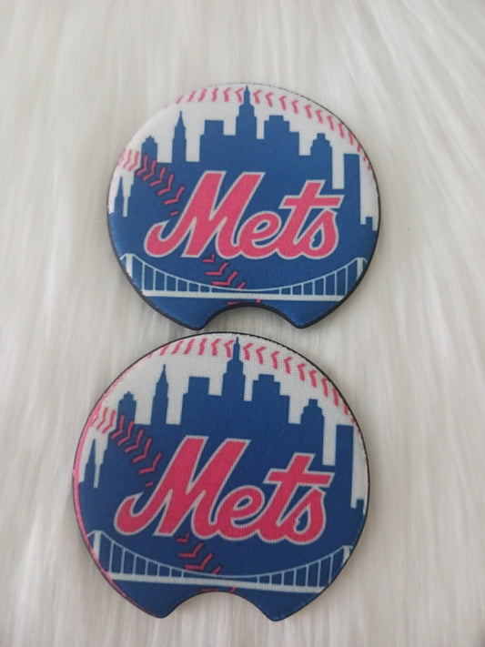 Blue and orange NY baseball car coasters