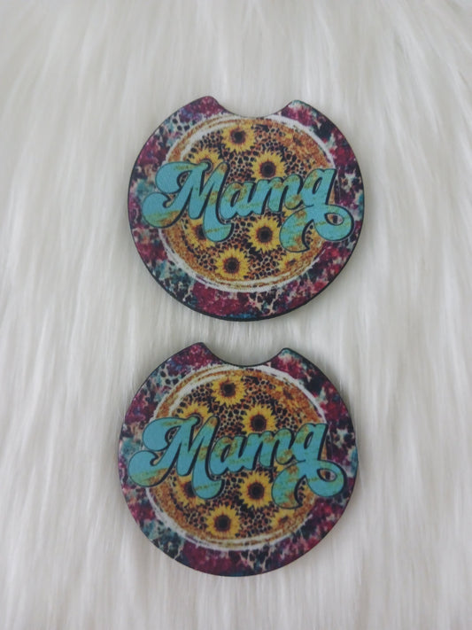 Purple and teal sunflower mama car coasters