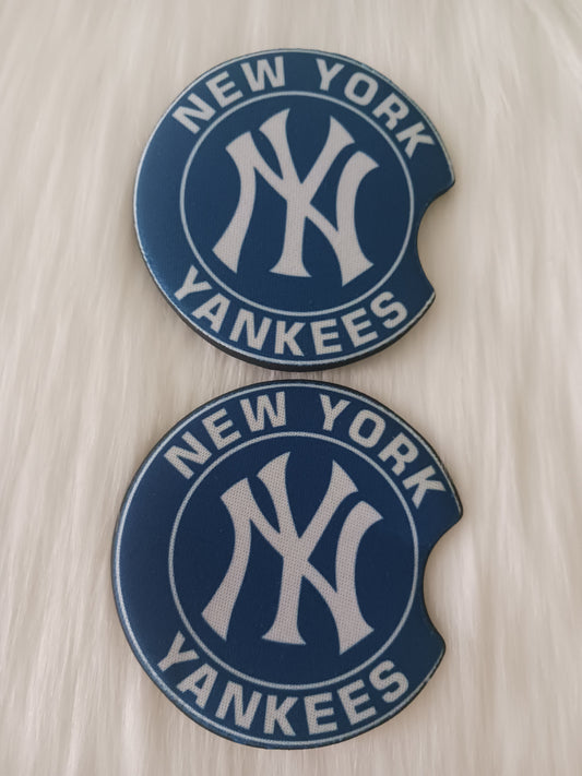 NY blue and white baseball car coasters