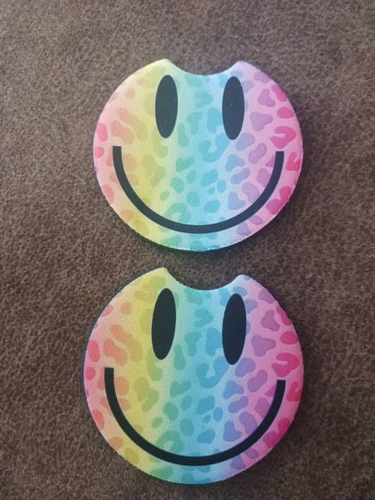 Rainbow print smiley car coasters