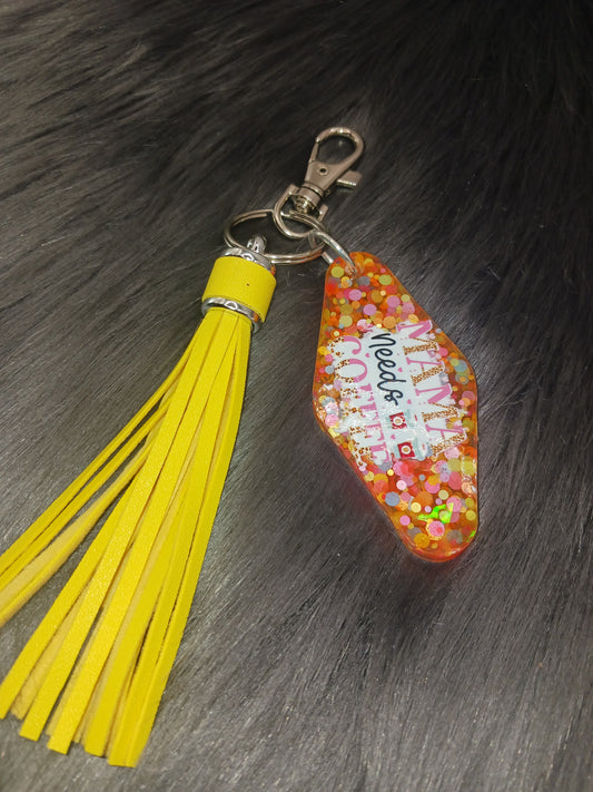 Orange mama needs coffee keychain with tassel