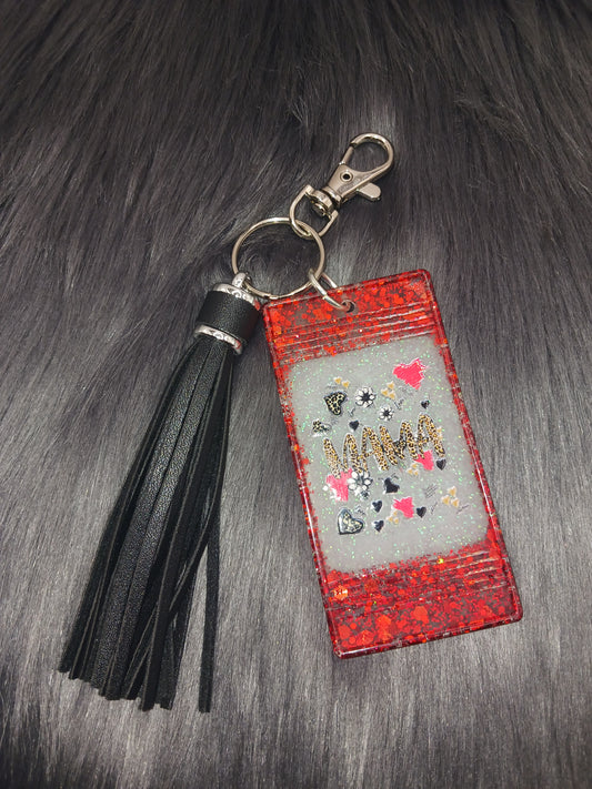 Red and black Mama keychain with tassel