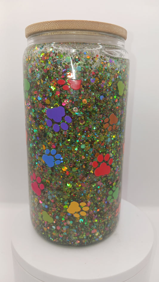 16 oz glass paw print snowglobe tumbler