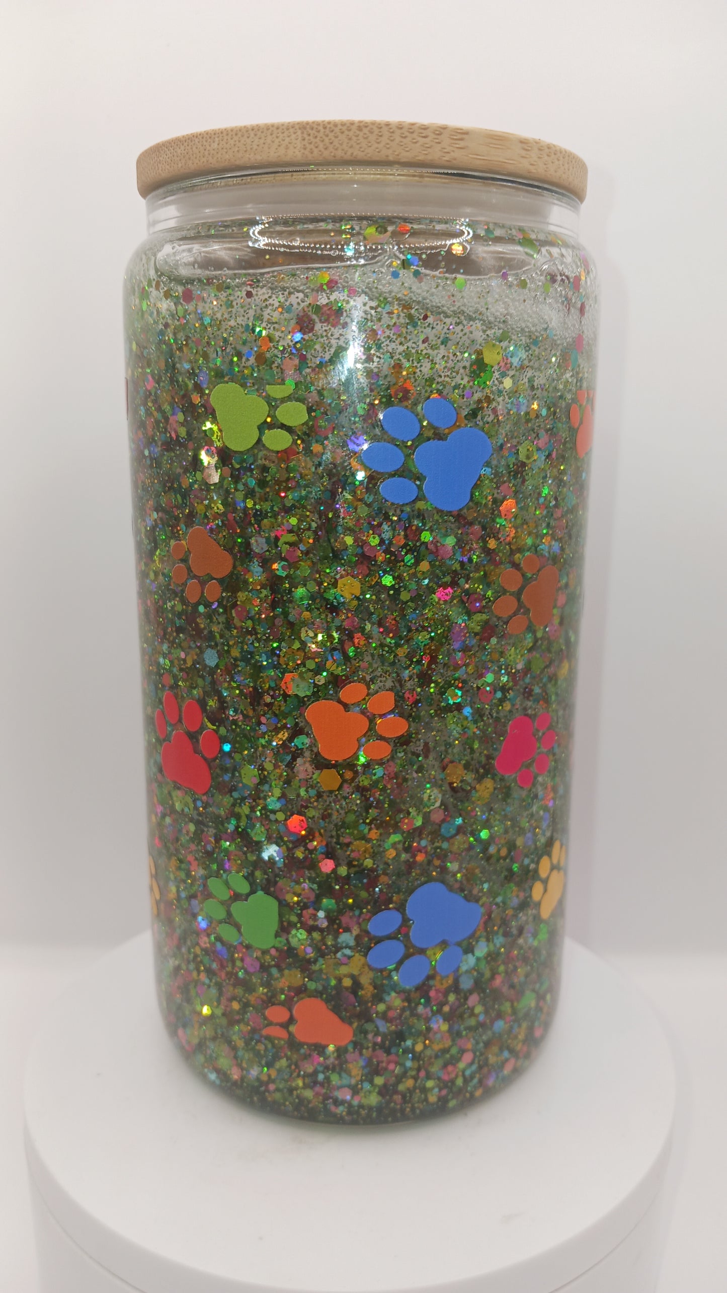 16 oz glass paw print snowglobe tumbler