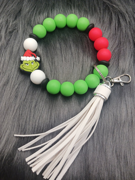 Green guy Christmas silicone beaded wristlet with tassel