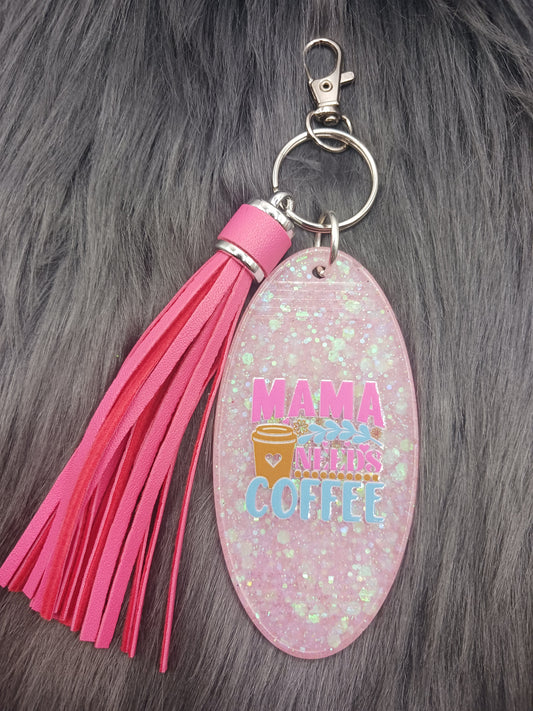 Pink glitter mama needs coffee keychain with tassel