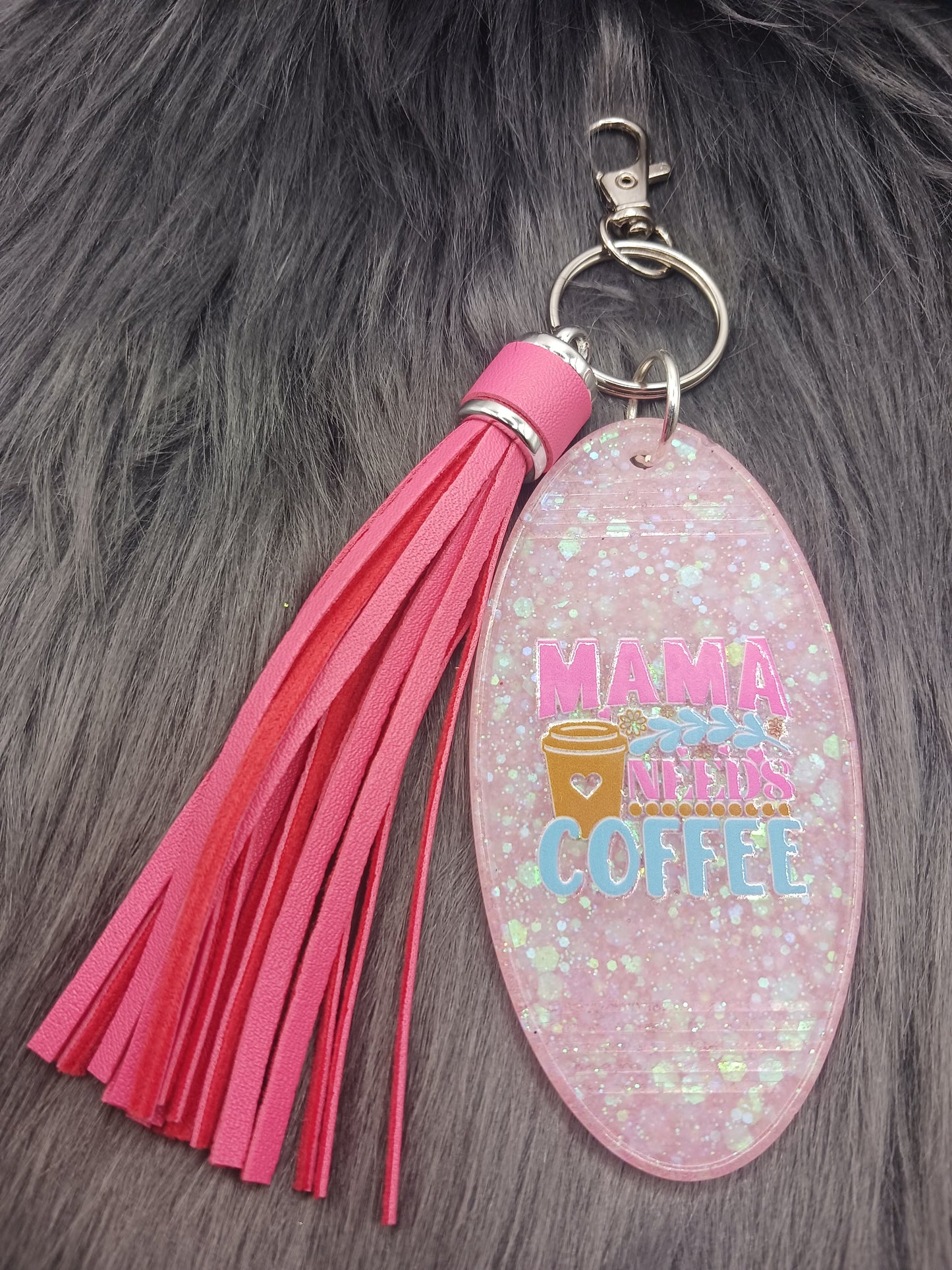 Pink glitter mama needs coffee keychain with tassel