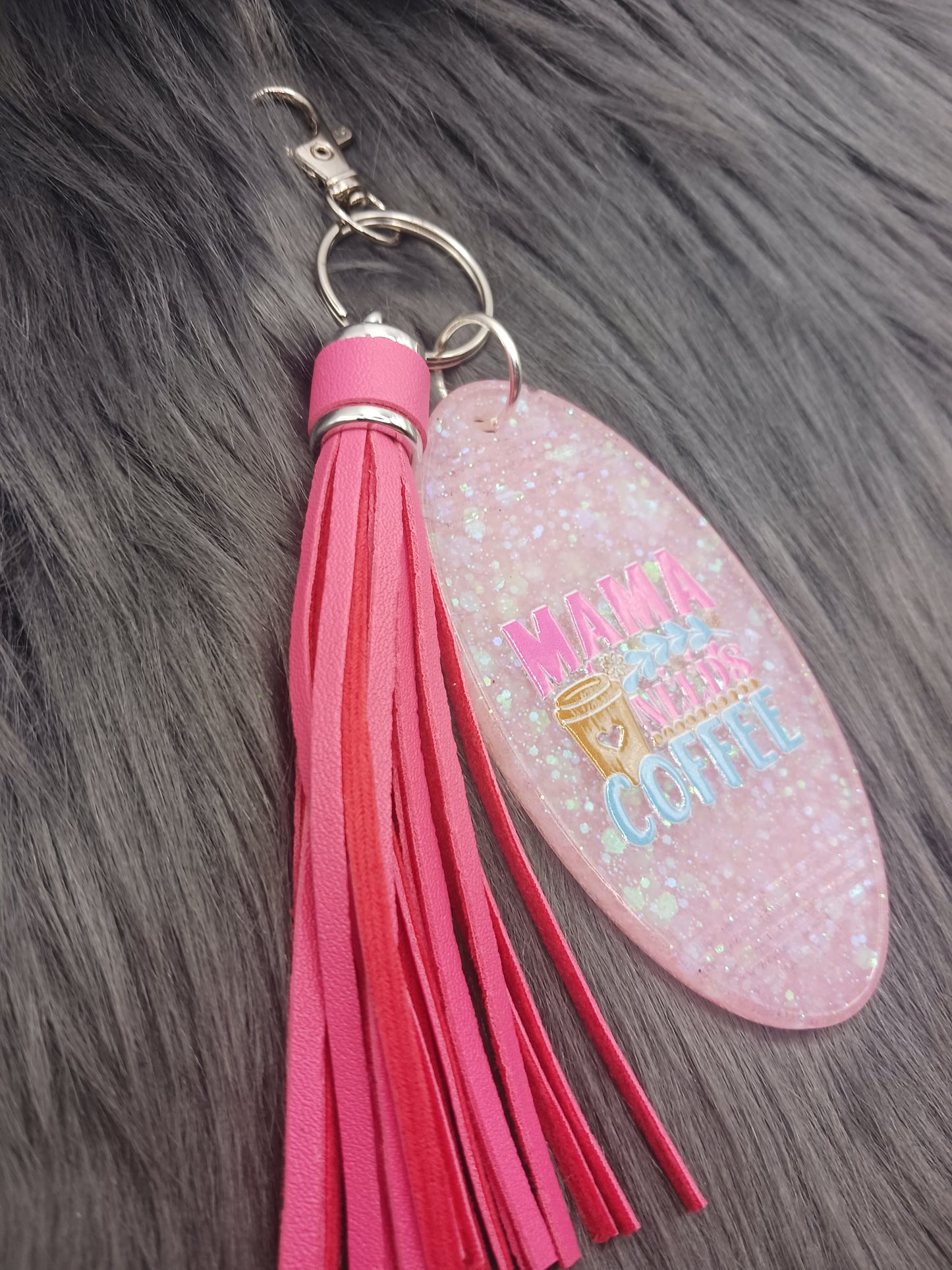 Pink glitter mama needs coffee keychain with tassel