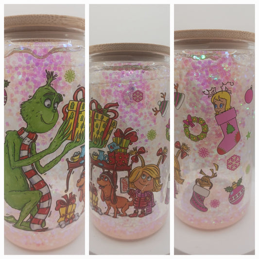 16 oz Pink and green Christmas snowglobe tumbler