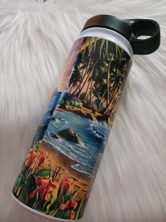 Beach scene 18 oz sport flip top water bottle