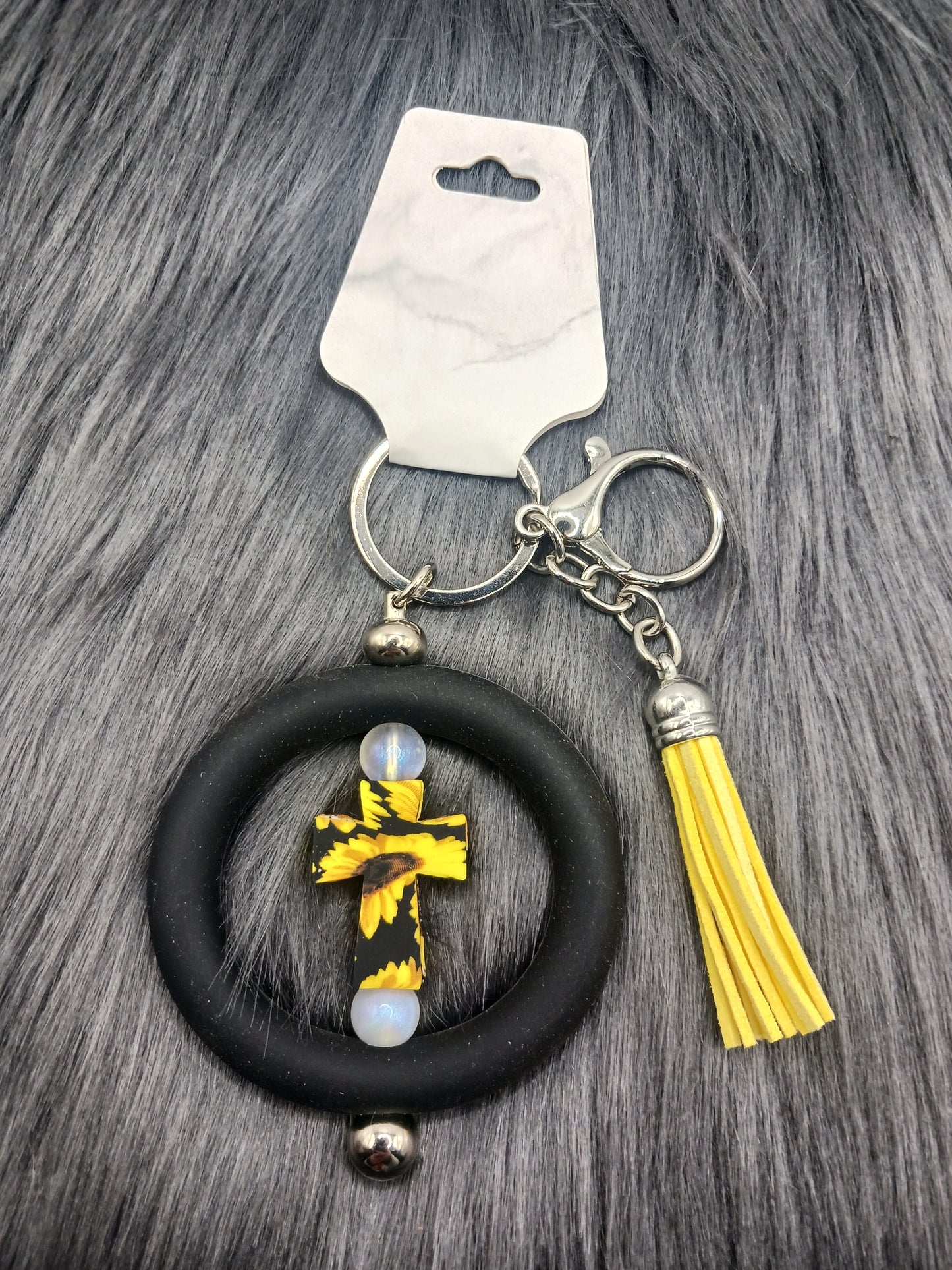 Sunflower cross silicone ring keychain with tassel