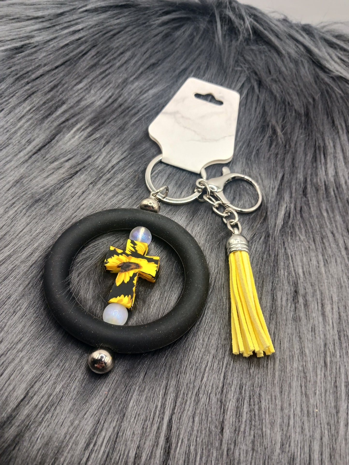 Sunflower cross silicone ring keychain with tassel