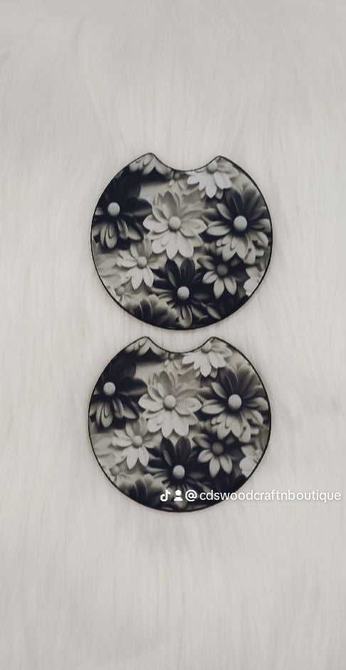 Black and white flower car coasters