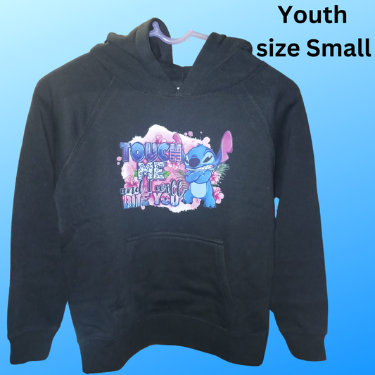 Youth black small touch me and I'll bite you alien hoodie