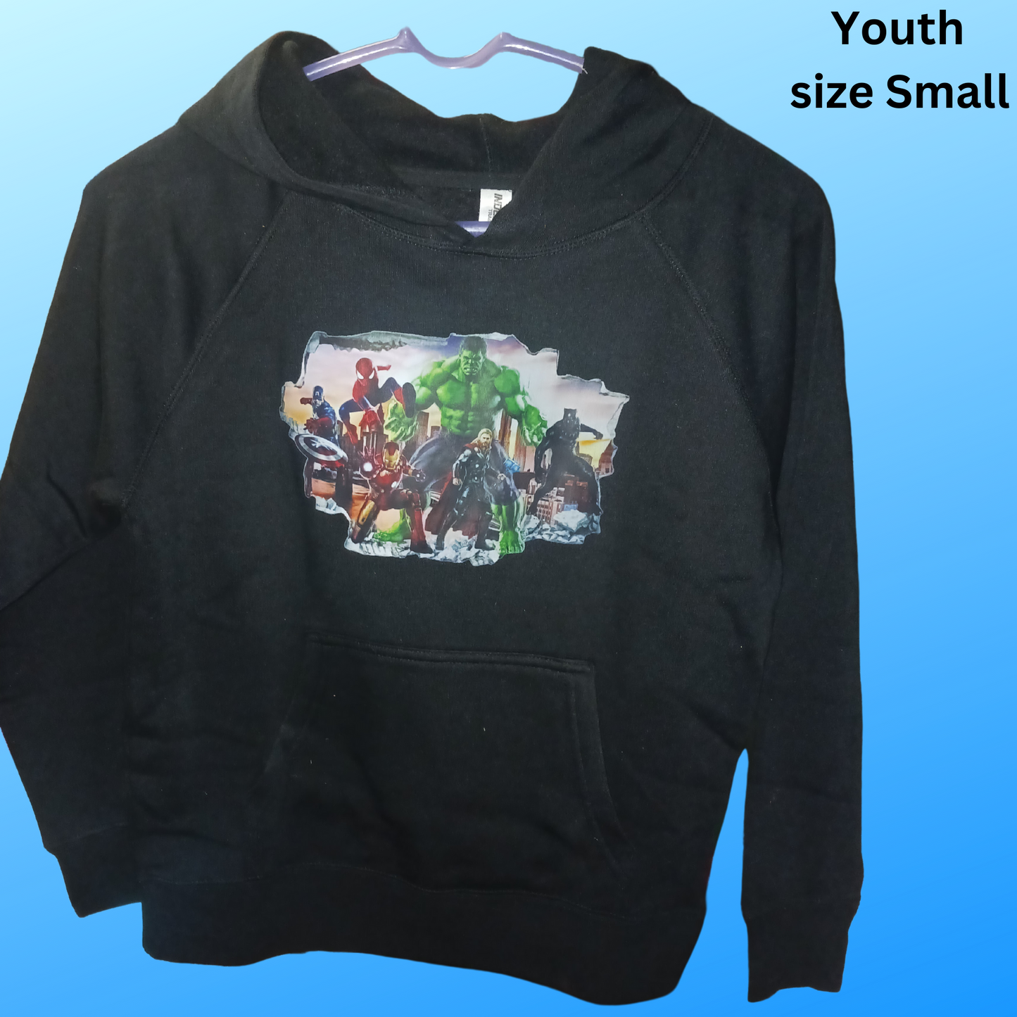 Youth black hoodie super heros size medium