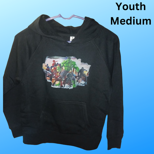 Youth black hoodie super heros size medium