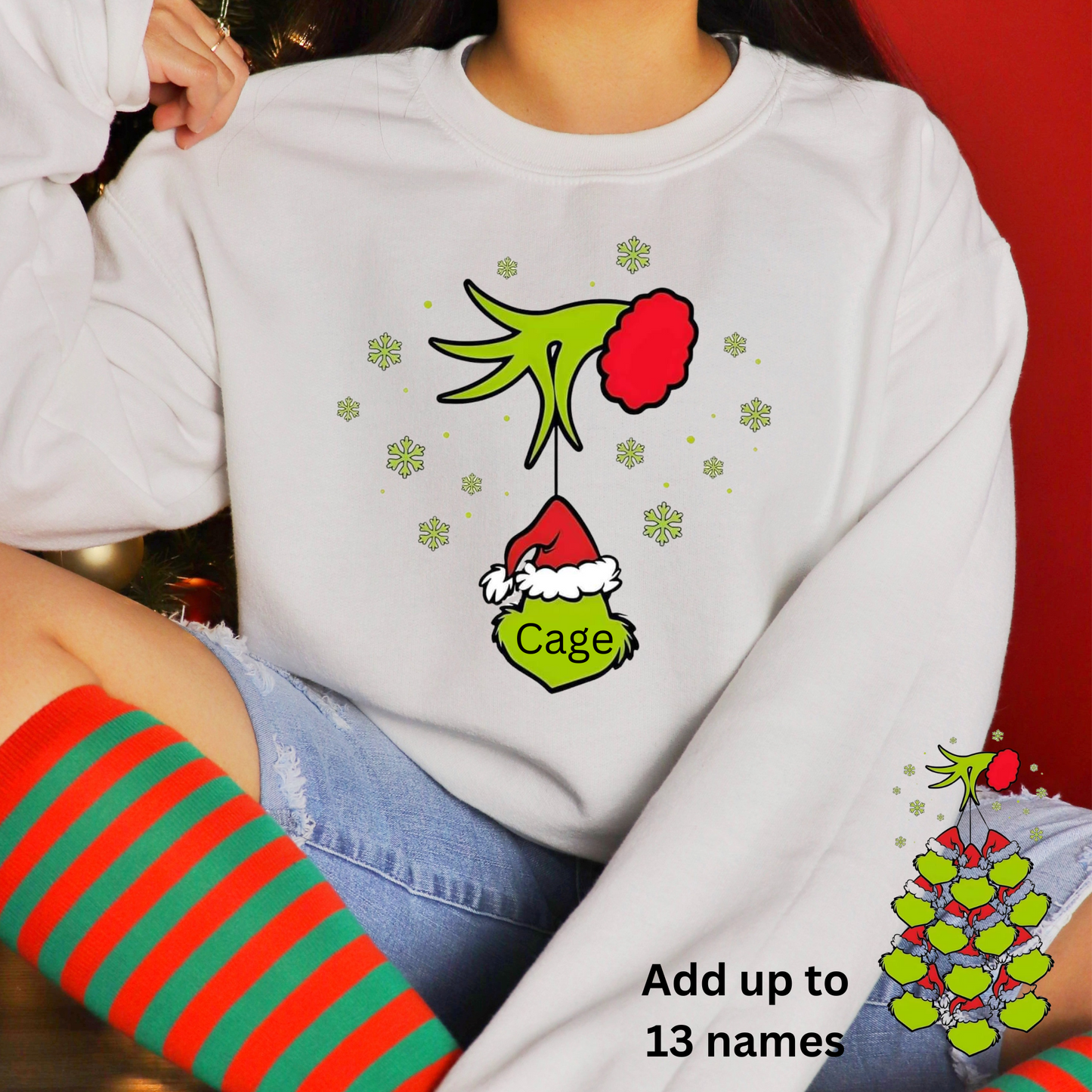 Personalized Crewneck sweatshirt with Christmas green guy and names