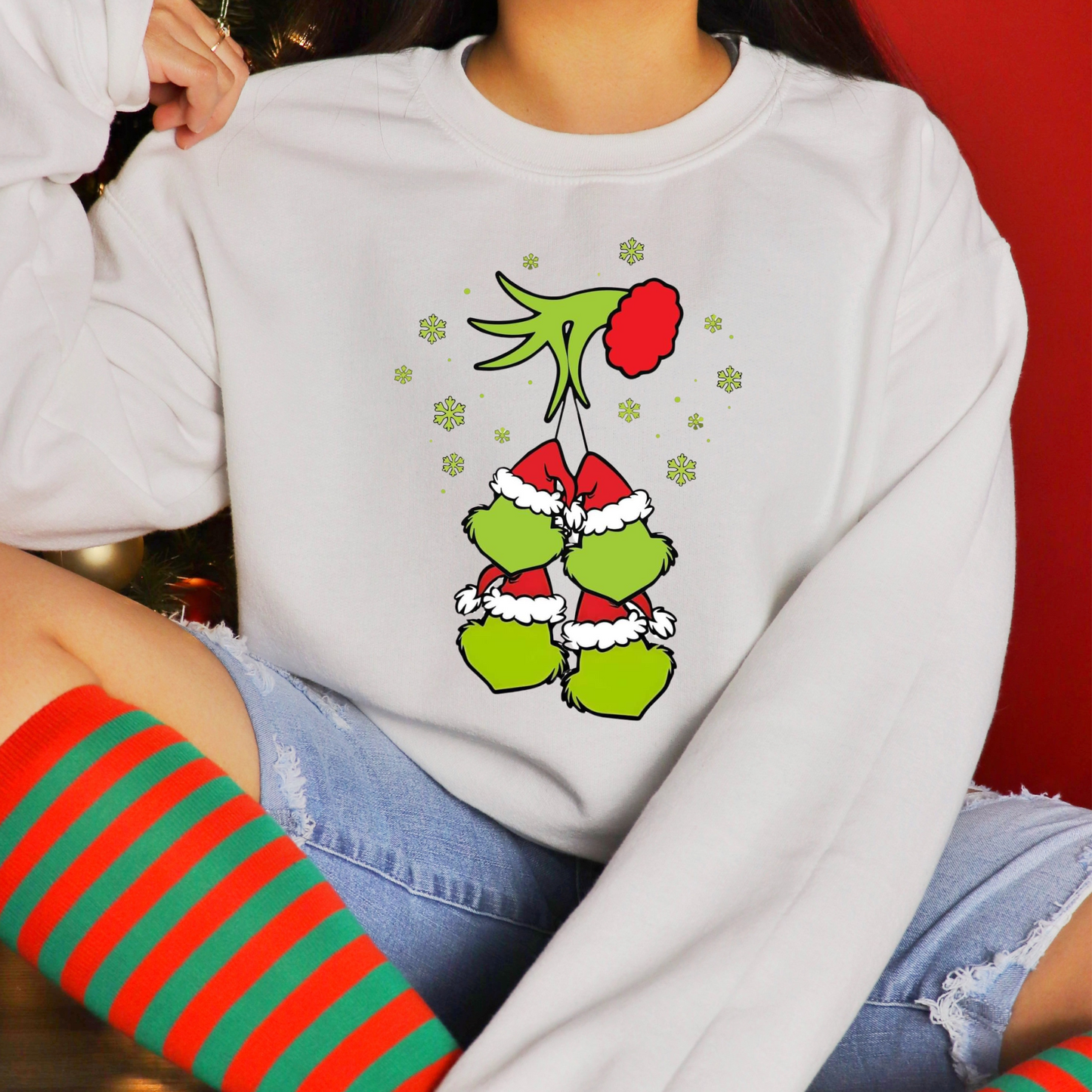 Personalized Crewneck sweatshirt with Christmas green guy and names