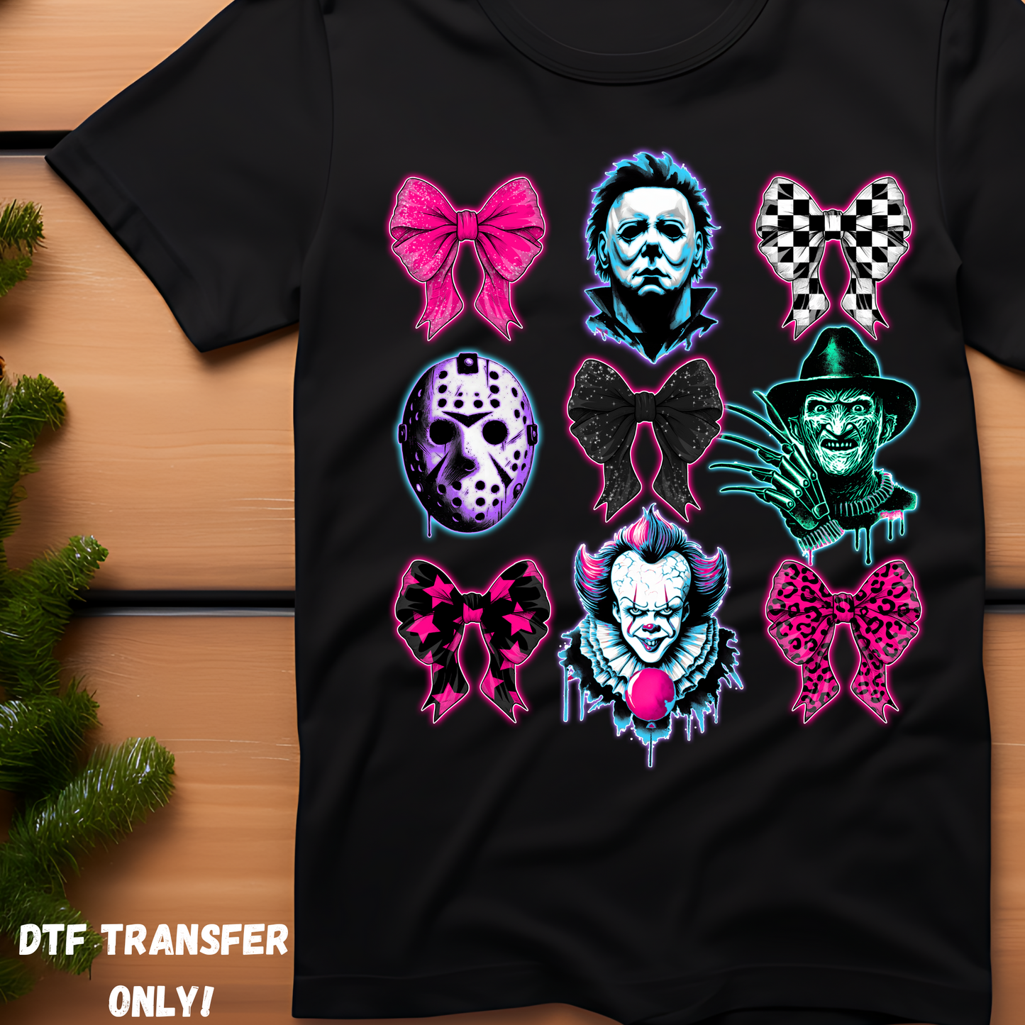 Neon horror bows pic DTF transfer