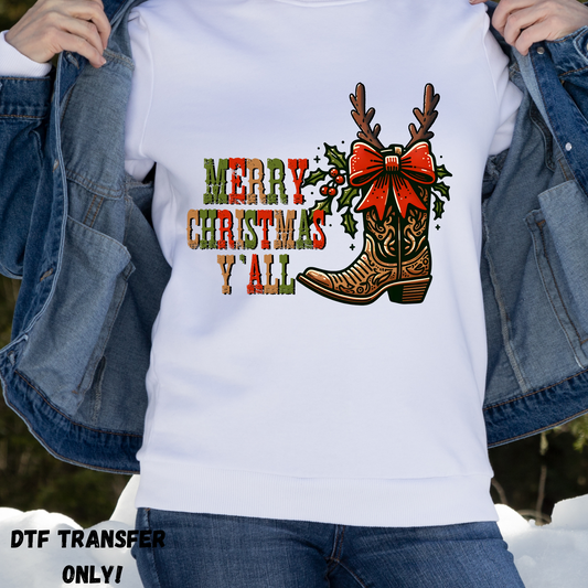 Merry Christmas y'all reindeer boots DTF transfer