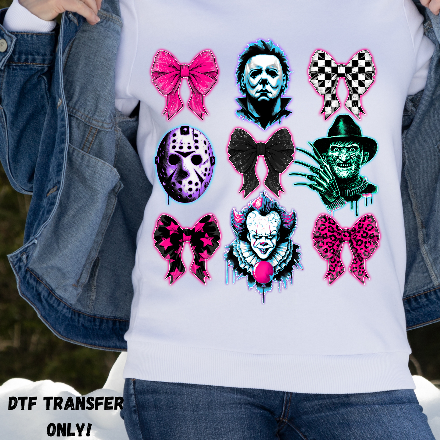 Neon horror bows pic DTF transfer