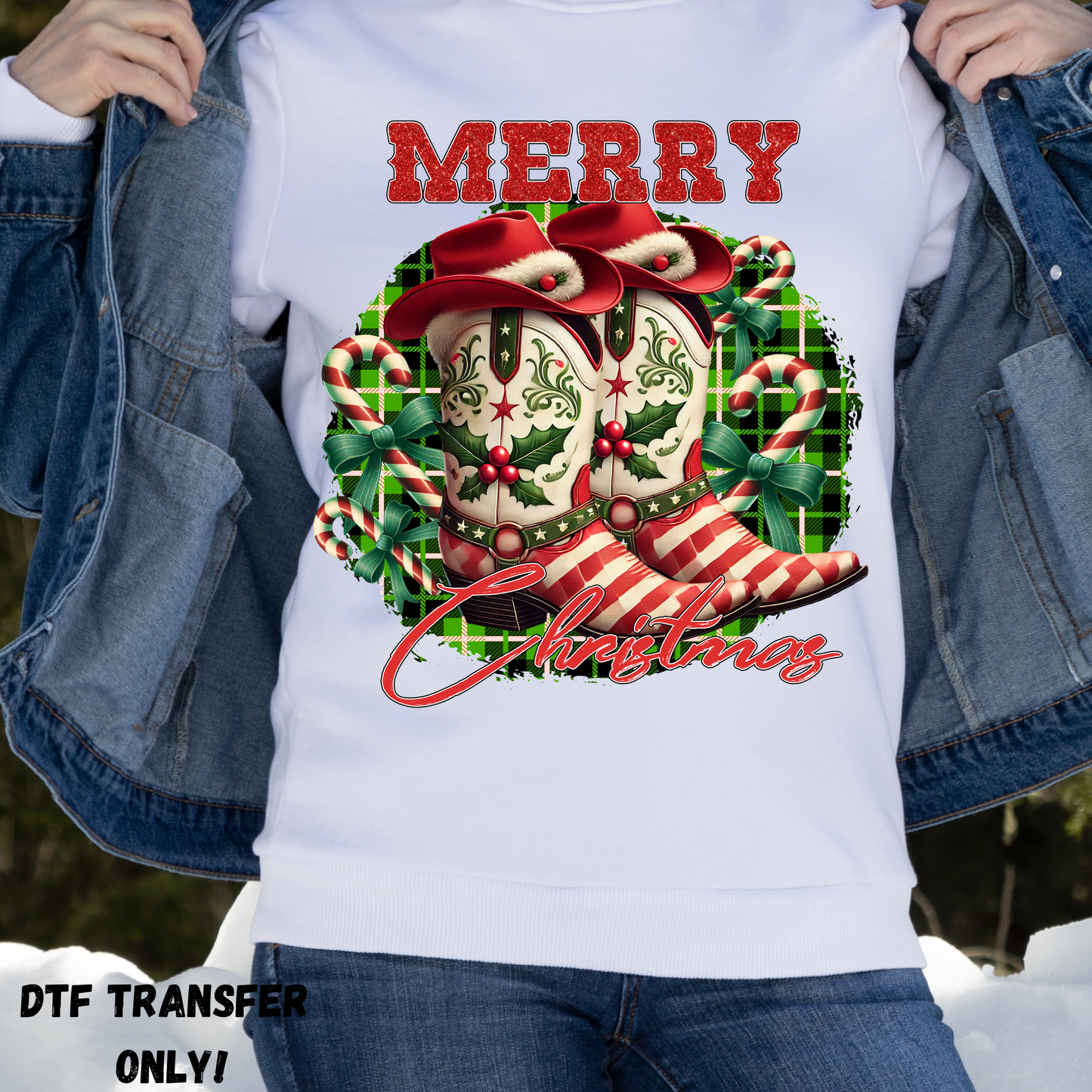 Merry Xmas green plaid cowboy boots DTF transfer