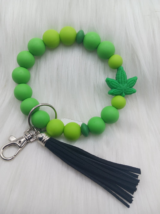 Green leaf silicone beaded wristlet with tassel