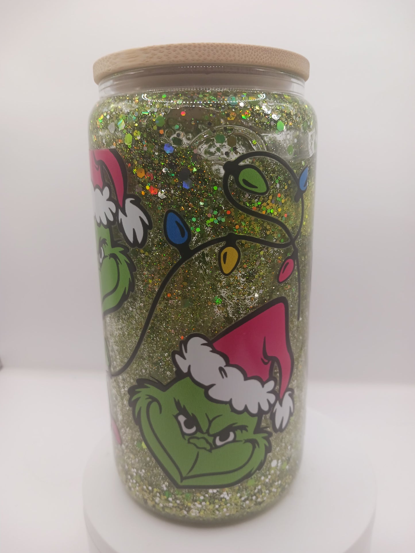 16 oz glass snowglobe green guy tunbler