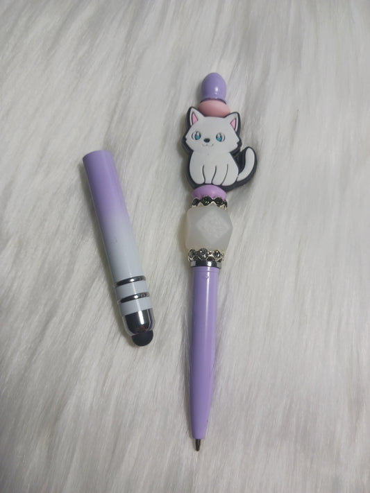 White Kitty beaded stylus and pen