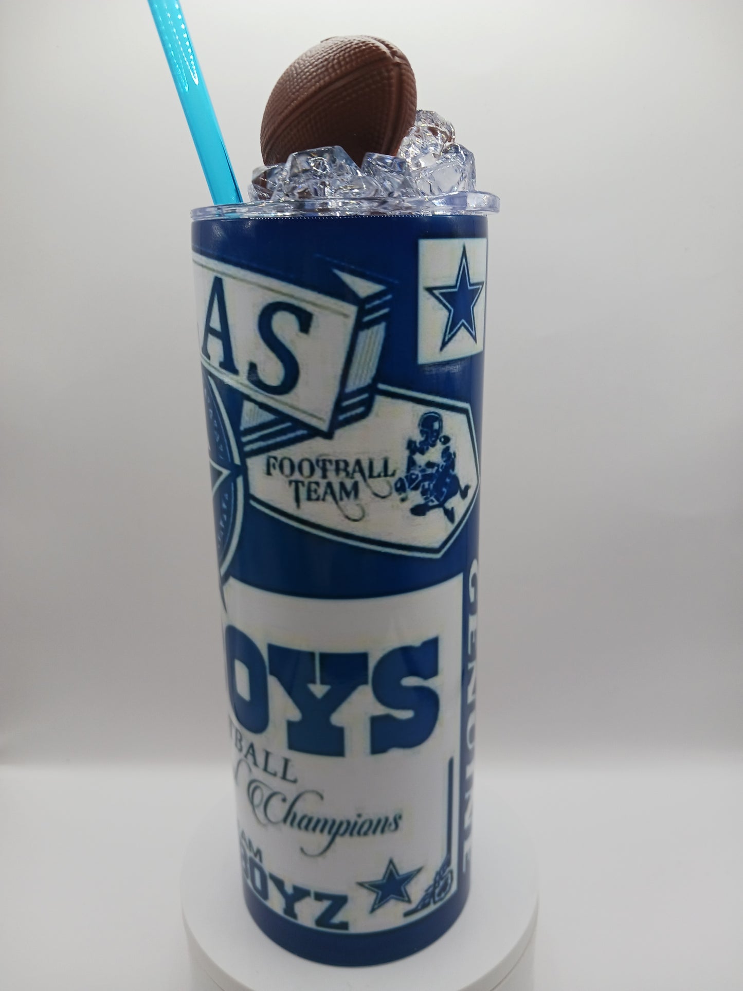 Boyz tumbler with football ice topper lid