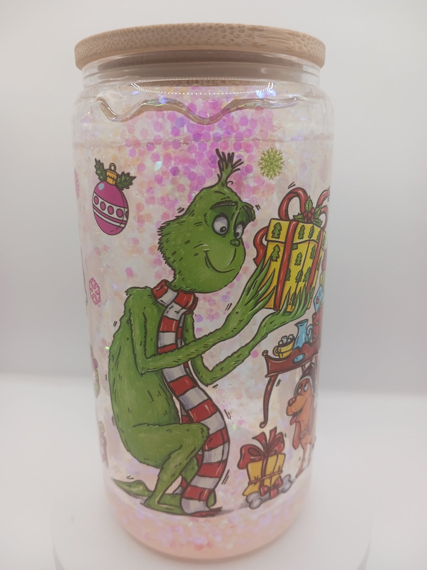 16 oz Pink and green Christmas snowglobe tumbler