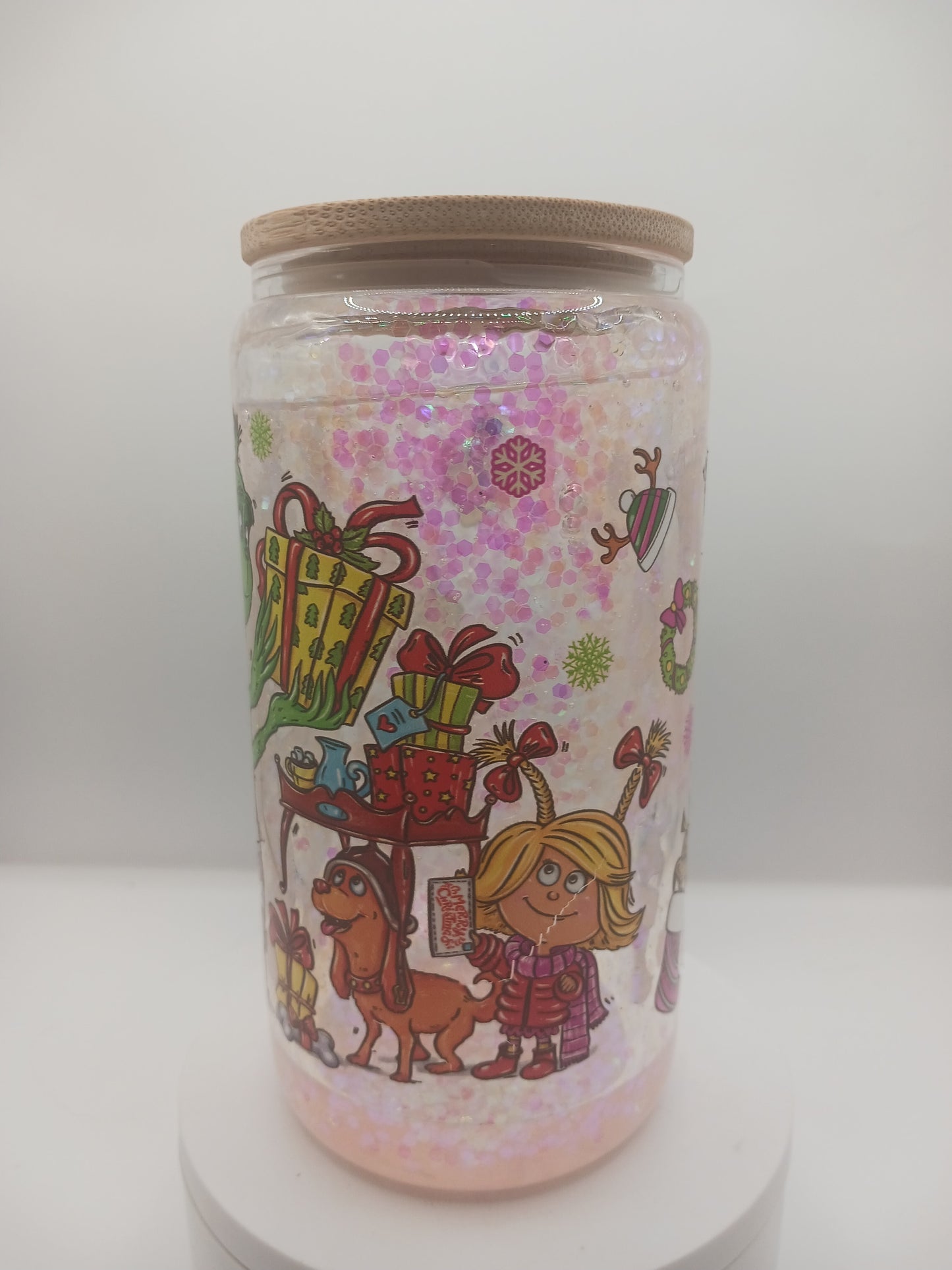 16 oz Pink and green Christmas snowglobe tumbler