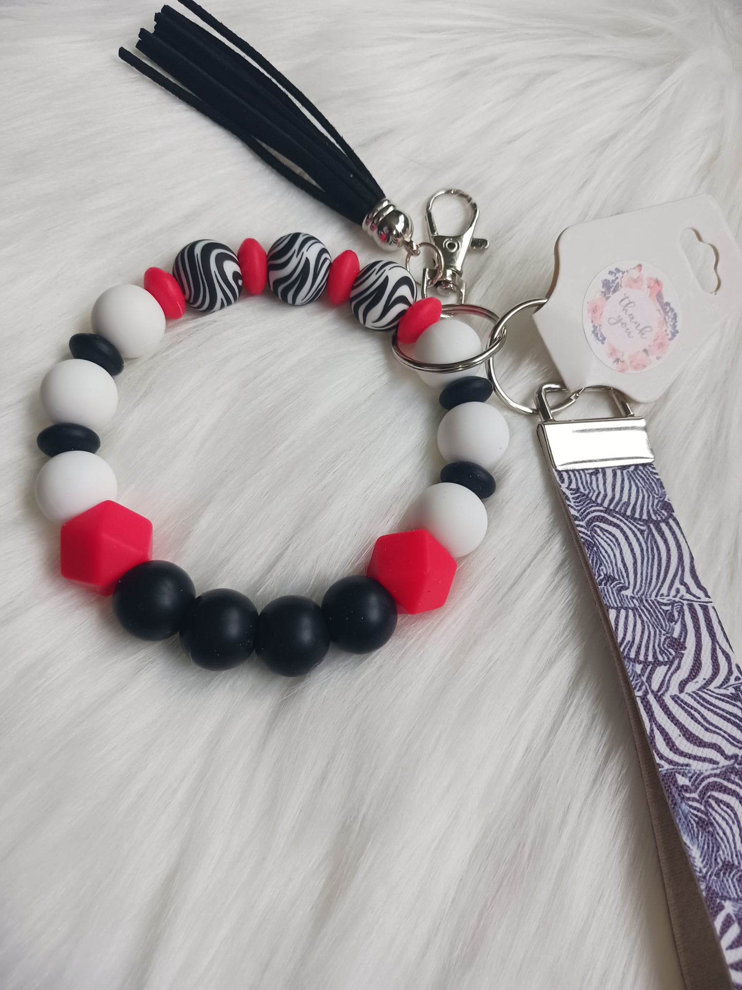 Zebra pattern silicone beaded Wristlet keychain set