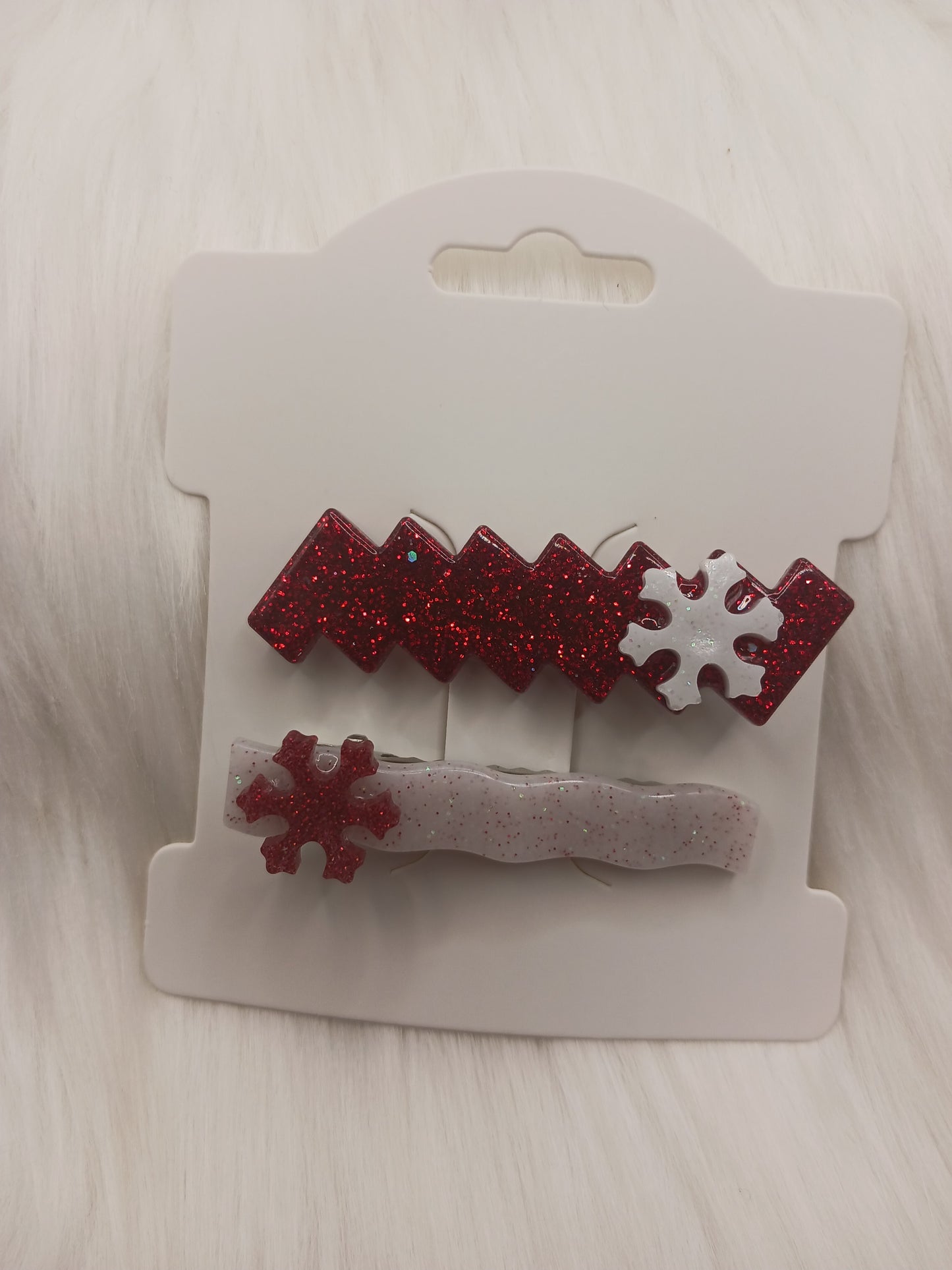 Red white snowflake set of hair clips