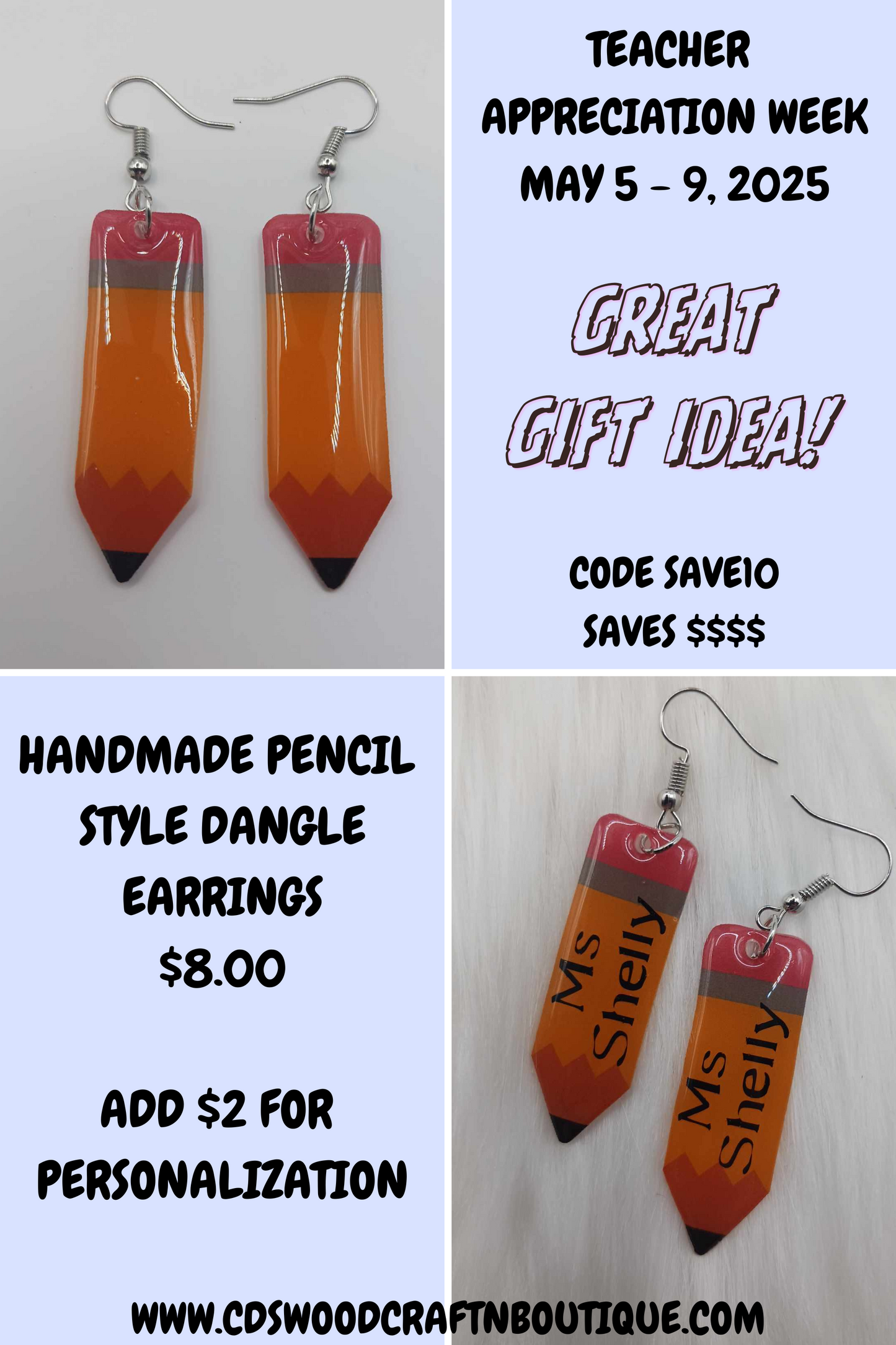 Customizable pencil dangle earrings