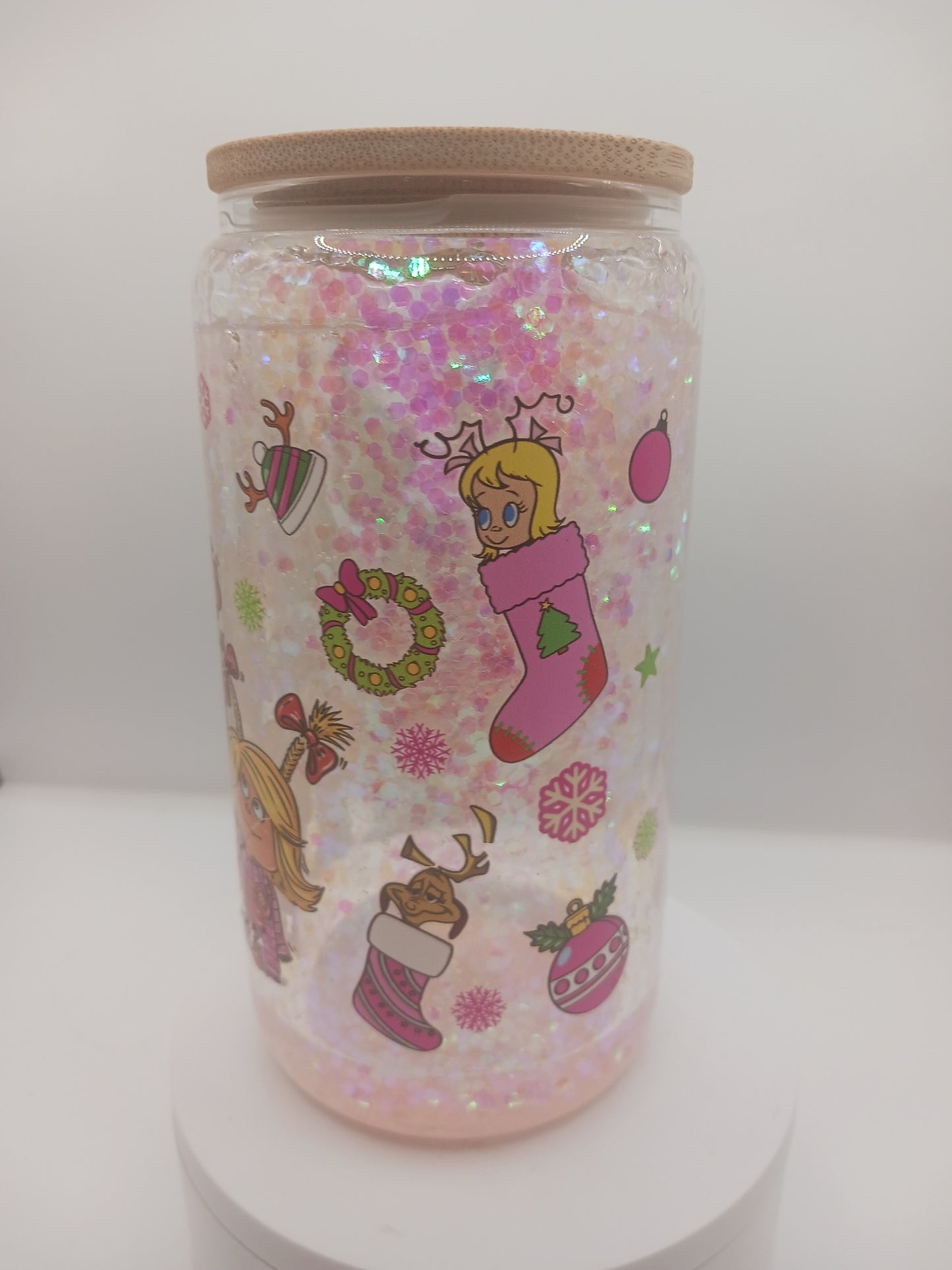 16 oz Pink and green Christmas snowglobe tumbler